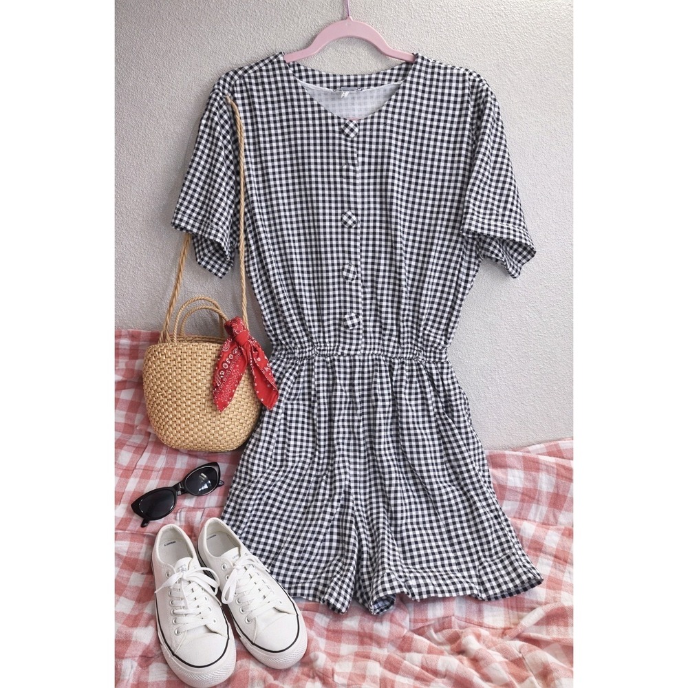 Vintage 90s FADS Gingham Romper Medium Black White Button Front‎ Cotton